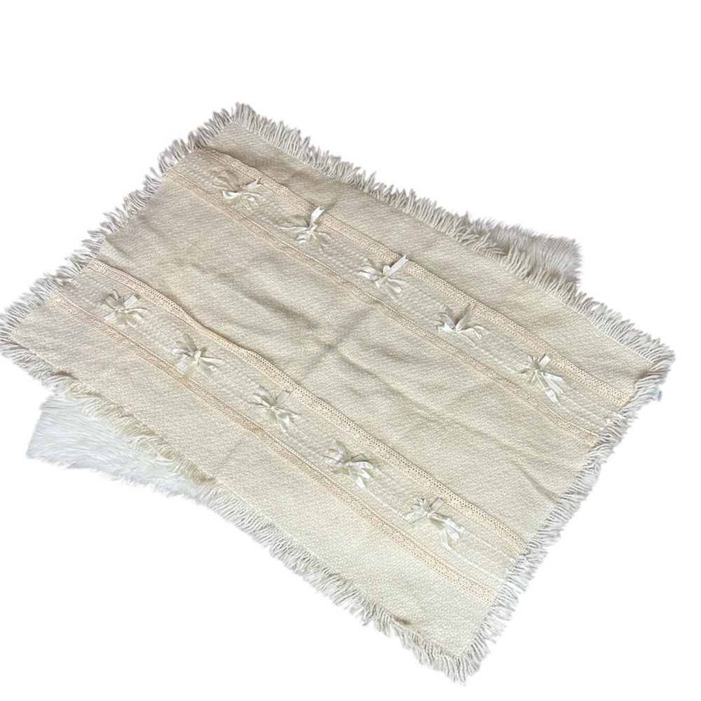 Irish baby blanket by Branigan Weavers Cream color with lace and satin bows